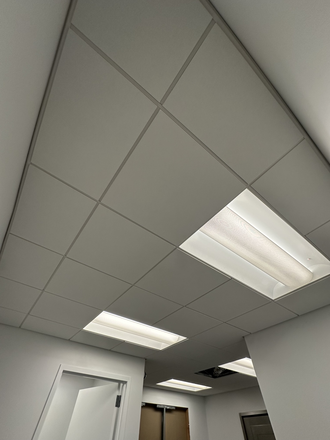 Commercial acoustical ceiling with suspended grid, ceiling tiles, and recessed lighting